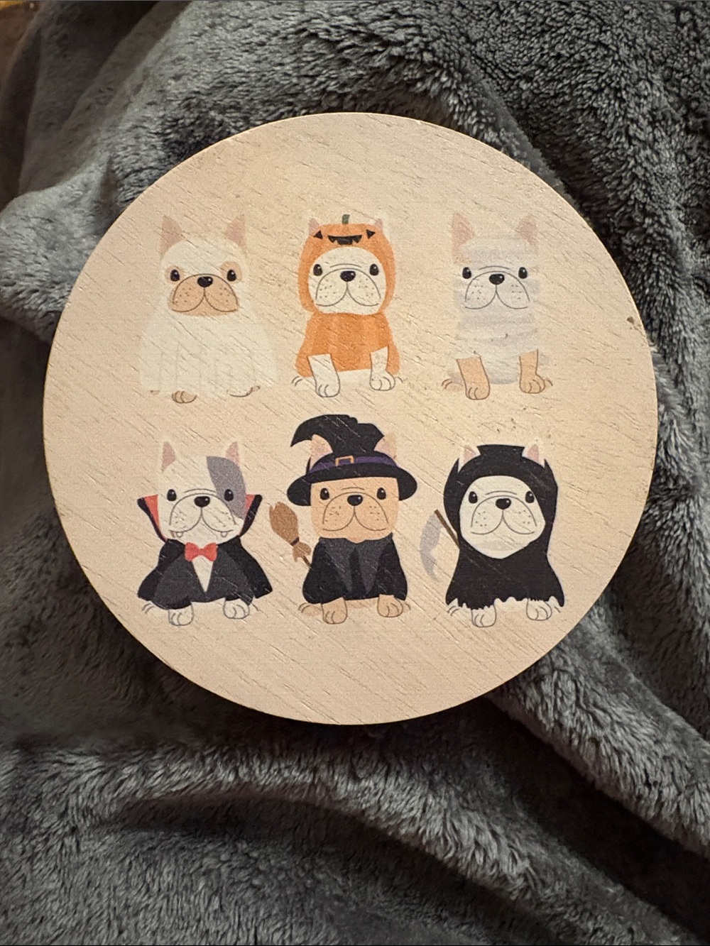 Wooden Coaster Cute Bulldog Halloween Illustrations Beige Cutie Dog Costumes